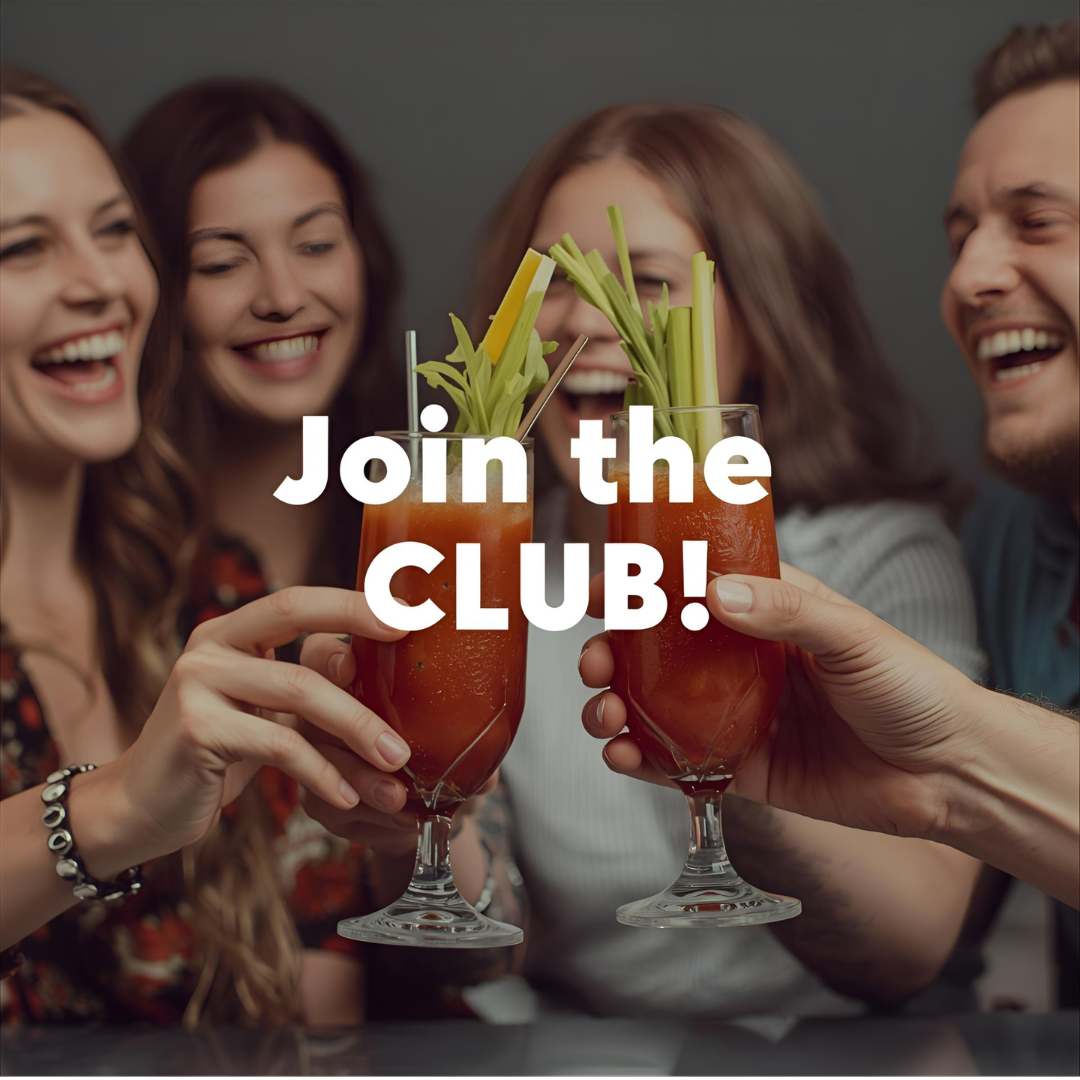 Four people holding drinks with text 'Join the CLUB!' against a dark background