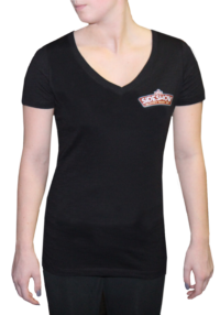A woman wearing black shirt with logo on it.