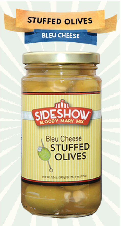 A jar of blue cheese stuffed olives.