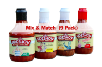 A group of different sauces in bottles.
