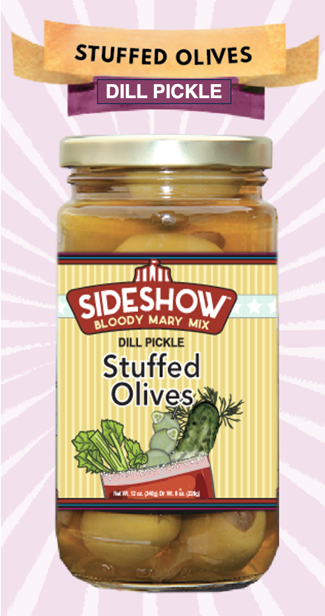 A jar of stuffed olives with dill pickle flavor.