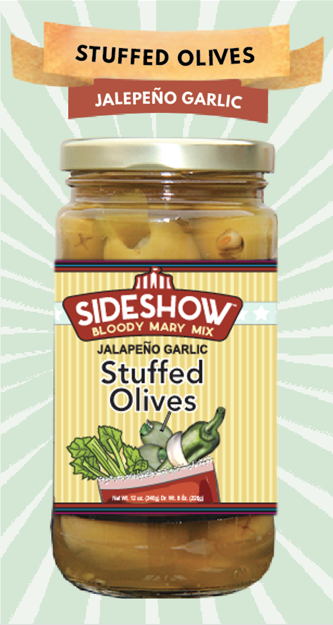 A jar of stuffed olives with jalapeno garlic.
